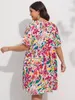 Plus size Dresses Finjani Floral Print Flutter Sleeve Smock Dress Summer Woman Plus Size Deep V-neck Knee Length Skirt 230506