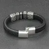 Charmarmband flätat läder armband män smycken punk spader skalle rostfritt stål magnetiska lås skelett armband sp0122