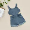 Rompers FOCUSNORM 0-4Y Summer Casual Children's Denim Jumpsuit Shorts 2 Color Sleeveless Solid Hollow Game Set 230505