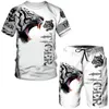 Herrspårar Sommaren Summer Men's Animal Tattoo White Short Sleeve T-Shirt Lejonet 3D Tryckt O-Neck Tees Shorts Suit Casual Sportwear Tracksuit Set 230506