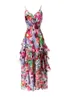 Robe froncée à imprimé Floral abricot, bretelles Spaghetti, col en v, robes mi-longues décontractées, été 2023, D3W031815