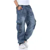 Men's Jeans Large Loose Jeans Men Denim Pants Straight Pocket Baggy Casual Streetwear Hip Hop Brand Blue Wide Leg Cargo Trousers 230506