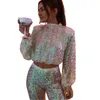 Women's Pants S Cutistation Golden Sequined 2 Piece Set Spring 2023 Långärmad Crop Tophigh midje paljett Flare Party Clubwear 230506