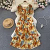 Partykleider Boho Sommer Blumen Urlaub Maxikleid Frauen V-Ausschnitt Rüschen Ärmel Chiffon Blumendruck Hohe Elastische Taille Plissee Lang