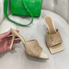 Nouveaux strass Mule diapositives sandales talons à bout carré sans lacet chaussures à talons aiguilles à bout ouvert chaussures de soirée de luxe pour femmes chaussures d'usine en satin