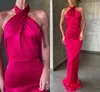 Vestidos De noche elegantes con cuello Halter para graduación, vestidos sexys largos De satén con espalda descubierta para celebridades, vestidos formales para fiesta, bata fucsia caliente 2023