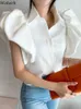 Women's Blouses Shirts Woherb vintage puff sleeve elegant white black shirt all game blouse turn down collar office ladies blouse female casual tops P230506