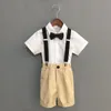 가족 일치 의상 여름 소년 스트랩 드레스 양복 세트 어린이의 유치원 공연 피아노 호스트 의상 의상 아이 셔츠 반바지 보우 티 의류 230506