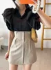 Women's Blouses Shirts Woherb vintage puff sleeve elegant white black shirt all game blouse turn down collar office ladies blouse female casual tops P230506