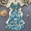 Partykleider Boho Sommer Blumen Urlaub Maxikleid Frauen V-Ausschnitt Rüschen Ärmel Chiffon Blumendruck Hohe Elastische Taille Plissee Lang