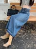 Rokken s-xl bal gekweekt lange denim rok Koreaanse stijl hoge taille een lijn midi rokken vrouwen lange jeans rokken stijl 760003 230505