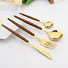 Flatware Sets Drmfiy 4/8/16/24 Dinnerware Brown Gold Imitation Wooden Handle Cutlery Stainless Steel Tableware Knife Spoon Fork Silverware