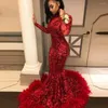 Party Dresses Elegant Red Prom Woman Dance Gowns Long Sleeve Mermaid Feather Evening Formal Clothing