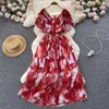 Partykleider Boho Sommer Blumen Urlaub Maxikleid Frauen V-Ausschnitt Rüschen Ärmel Chiffon Blumendruck Hohe Elastische Taille Plissee Lang