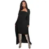 Work Dresses Casual Solid Color Cardigan Coat Dress Women Two-piece Set Knee Length Bodycon Fashion Sexy Club Party Outfits Black Suit