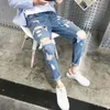 Heren jeans skinny jeans heren streetwear vernietigd gescheurde jeans homme hiphop gebroken modis mannelijk potlood fietser borduurwerkpatch broek 230506