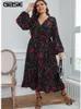 Plus size jurken Gibsie plus size bloemenprint en polka dot ruche zoom jurk vrouwen lente boho v-neck lantern mouw a-line lange jurken 230506