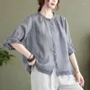 Damesblouses patchwork katoenen linnen shirt veelzijdige losse 5-punts mouw dunne dames zomer
