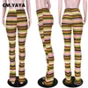 Pantalons pour femmes CMYAYA Streetwear arc-en-ciel rayé en tricot côtelé ruché évasé Legging INS Active Sport Stretch taille haute pantalon empilé 230506