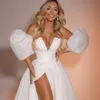 Sexy col en V profond Organza une ligne robe de mariée côté fendu manches bouffantes détachables à lacets dos Boho robes de mariée robes de mariée sur mesure