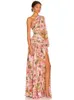 Casual jurken zomer bloemenprint een schouder maxi jurk sexy diagonale nek lange mouw holle out ketting split long jurk avond feestjurk z0506