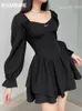 Party Dresses Iamsure Autumn Spring A-Line Dress Sexig Slim Solid Square Collar Puff Sleeve Mini Dresses For Women Elegant Fashion Ladies 230506