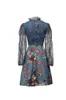 2023 Summer Blue Floral Print Ribbon Tie Bow Lace Dress Long Sleeve Stand Collar Panelled Knee-Length Casual Dresses D3W031916