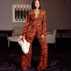 Women's Two Piece Pants 2 Elegant Women Office Set Zip Sexy V-neck Printing Long Sleeve Outfit Top Flare Panst Casual Fashion Two-piece Suit