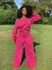 المسارات النسائية CM.Yaya Sports Sweatsuit Set Women Up Counder Sweatshirt Straight Pants StrapeSuit Active Tracksuit من قطعة للياقة البدنية P230506