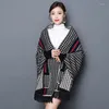 Women's Knits Black Red White Mink Cashmere Sweater Women Warm Plaid Cape Coat Tassel Cardigan Kimono Long Big Pockets