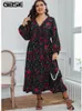 Plus size jurken Gibsie plus size bloemenprint en polka dot ruche zoom jurk vrouwen lente boho v-neck lantern mouw a-line lange jurken 230506