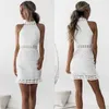 Casual Dresses Hollow Out White Dress Sexy Women Mini Chiffon Dress Plunge roundNeck Sleeveless Crochet Lace Dress Black Z0506