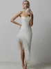 Casual Dresses New Women Sexy Strapless Black White Feather Midi Bandage Dress 2023 Split Sticked Elegant Evening BodyCon Party Dress Z0506