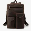 Backpack Retro Europeu e American Leather Men de grande capacidade Casual Crazy Viagem Sacos de computador de 14 polegadas