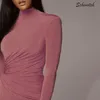 Vestidos casuais schinotch mulheres maxiskit sexy bodycon skinny manga longa vestido de cor sólida colorida gola alta da cintura