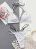 Kvinnors badkläder Sexig bandage solid baddräkt Micro Bikini Set Women 2023 Rhinestone Crystal Push Up Padded Bh Thong Swimwear Fake Two Patchwork J230506