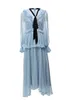 2023 Spring Blue Contrast Color Ribbon Tie Bow Dress Long Sleeve V-neck Ruffled Midi Casual Dresses D3W031901