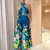 Casual Dresses Women Halter Deep V-Neck Sexy Midi Linen Dress Sleeveless Retro Flower Printed A-line Long