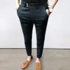 Calças masculinas primavera coreano fino ajuste casual tornozelo comprimento streetwear alta qualidade preto cinza vestido terno calça homem 230506