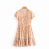 Robes décontractées Vintage Chic Femmes Paon Floral Imprimer Col V profond Bohème Mini Robe Dames À Manches Courtes Boho Happie Robes