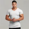 Erkek Tişörtler Erkekler V Boyun Kısa Kollu Tişört Fitness İnce Fit Spor Şeritleri T-Shirt Erkek Katı Moda Tees Üstleri Yaz Örgü Giyim 230506