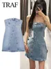 Casual Dresses TRAF Woman Denim Off Shoulder Short Dresses Women Ruched Mini Bodycon Dress Women Summer Sexy Party Dresses Female Corset Dress Z0506