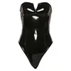 Women's Jumpsuits Rompers Yimunancy PU Leather Sexy Bodysuit Women Strapless V Shape Bodycon Bodysuit Ladies Skinny Black Bodysuit Clubwear 230505