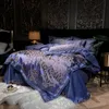 Set di biancheria da letto di lusso Blu Oro Grigio Liscio Morbido Set di biancheria da letto Raso Jacquard di cotone Queen King Copripiumino Lenzuolo Federe Tessili per la casa 230506