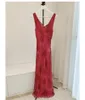 Casual Dresses Silk Women Sling Midi Dress Rose Red Flower Print Deep V-Neck Sleeveless Long