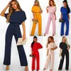 Women's Jumpsuits Rompers Women Jumpsuit Elegant Short Sleeve Hollowed Waist Tie Solid Summer Wide Leg Pants Bodysuit Overalls Wide Leg Cropped Pants 230505