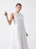 Casual Dresses Women Cotton Ramie White Dress Doll Collar Ruffle Splicing Sleeveless Holiday Midi