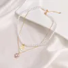 Kedjor vintage mode rosa guld färg hjärta dubbel lager simulering pärlkedja choker halsband för kvinnor trendiga strass smycken smycken