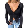 女性用Tシャツの女性Tシャツ春秋の服リブ付きリブ編み長いスリーブクロップトップジッパーデザインティーセクシーな女性スリムブラックホワイトトップ230505