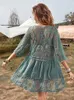 Damskie stroje kąpielowe Fitshinling Deep V szyja boho plażowa wycieczka Sheer Sexy Lace Tunika Pareo Summer Vintage Short Sukienka Holiday Cover Up 2023 230506